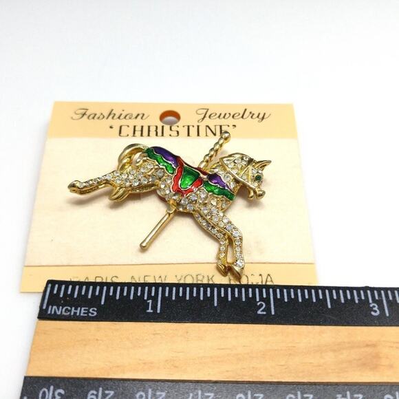 Vintage Carousel Horse Rhinestone Brooch, Red Green Enamel, Taiwan, 2 Inches - Picture 8 of 10